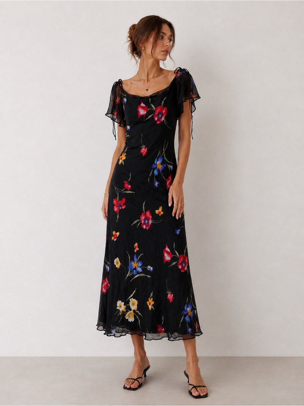 Y2K Floral Chiffon Midi Dress Flutter Sleeve Romantic Fairycore